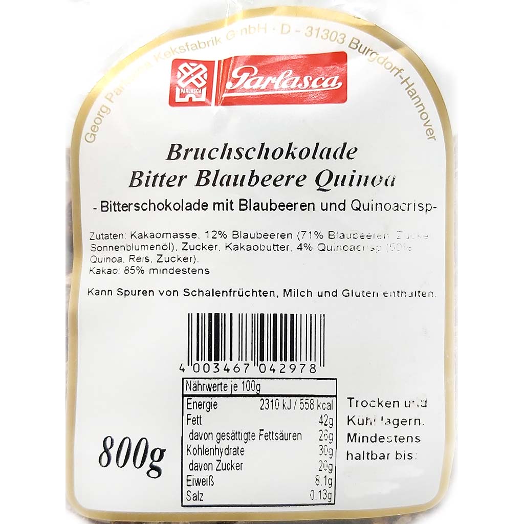 Parlasca Schokoladenbruch Bitterschokolade Blaubeere Quinoa 800g