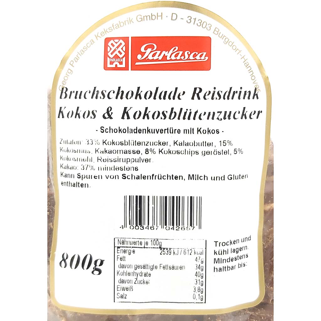 Parlasca Schokoladenbruch Reisdrink Kokos & Kokosblütenzucker 800g Label