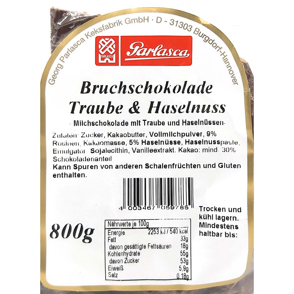 Parlasca Schokoladenbruch Milchschokolade Traube und Haselnuss 800g Label