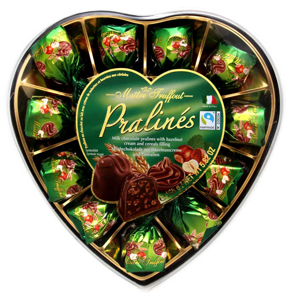 Maitre Truffout Pralinen Milchschokolade Haselnuss & Cerealien Herz 165g - Geschenk, Valentinstag, Geburtstag, Gastgeschenk