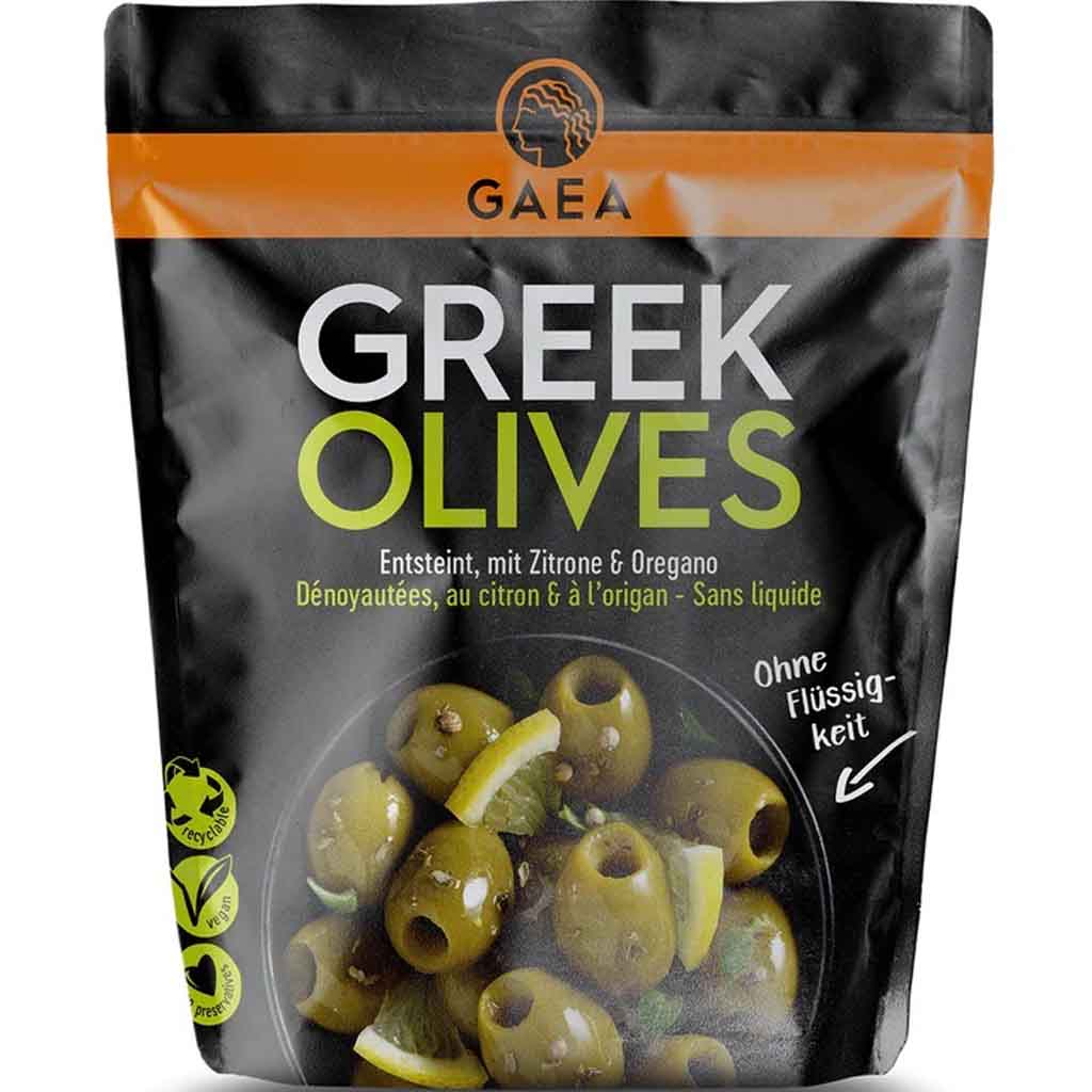 GAEA Greek Olives entsteinte griechische Oliven mariniert mit Zitrone & Oregano 150g MHD:10.6.25