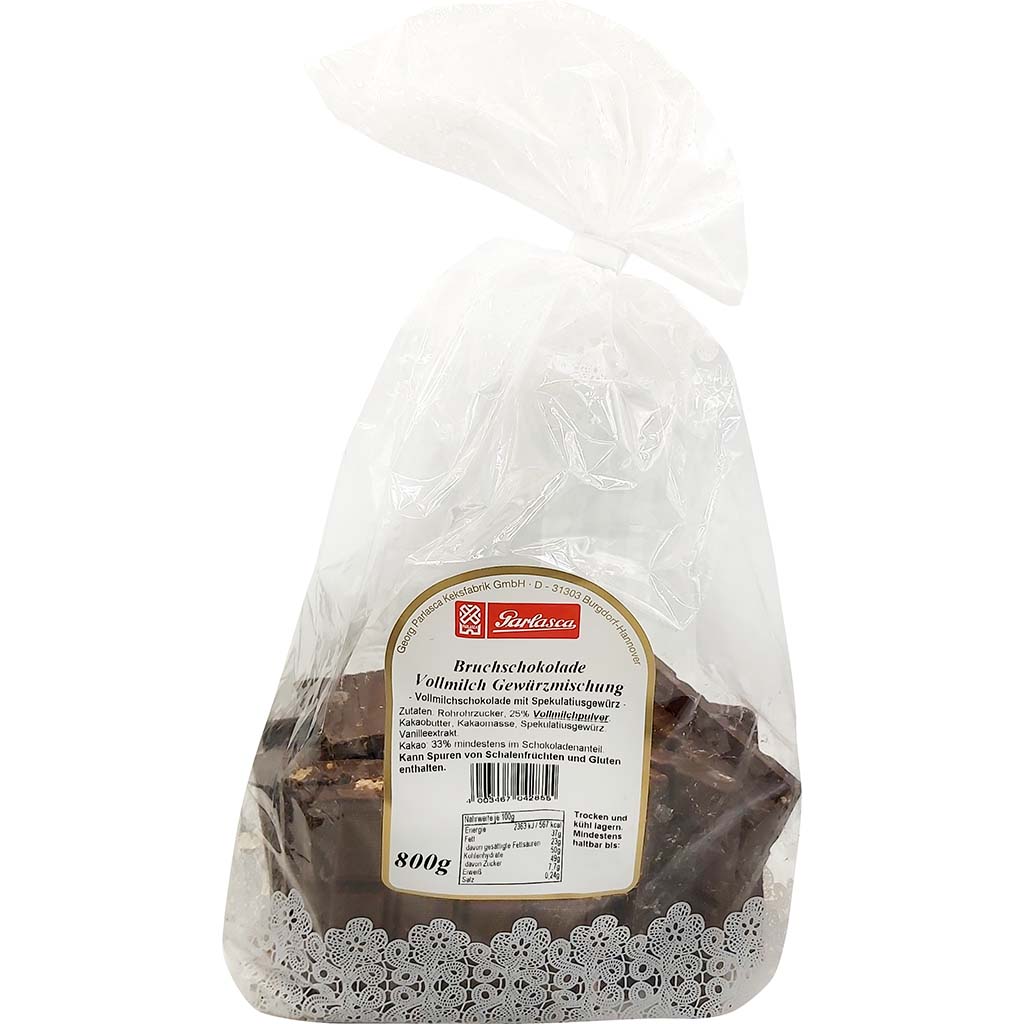 Parlasca Schokoladenbruch Vollmilch Gewürzmischung 800g Tüte