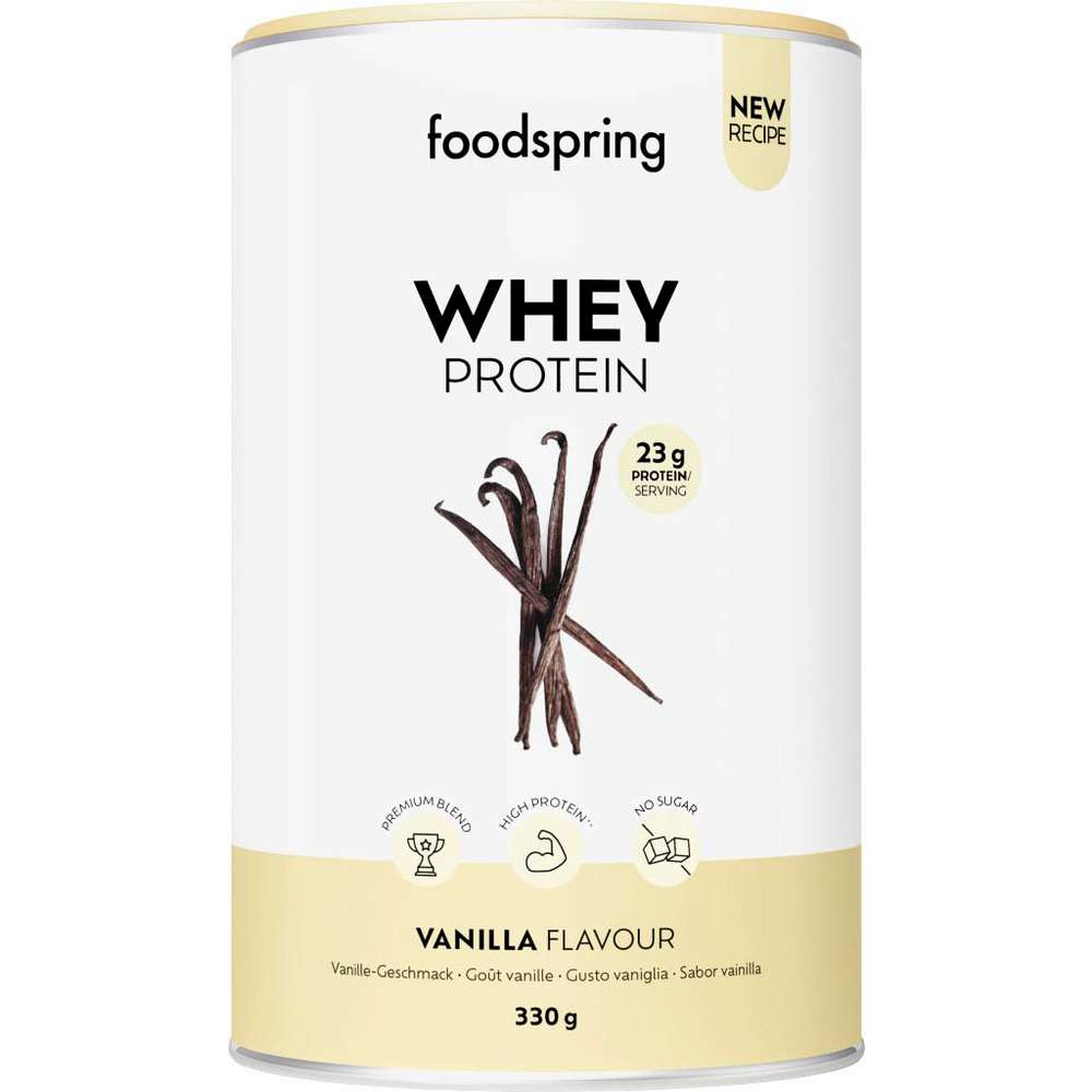 foodspring Protein Whey Vanilla Flavor 330g Dose MHD:3.9.25
