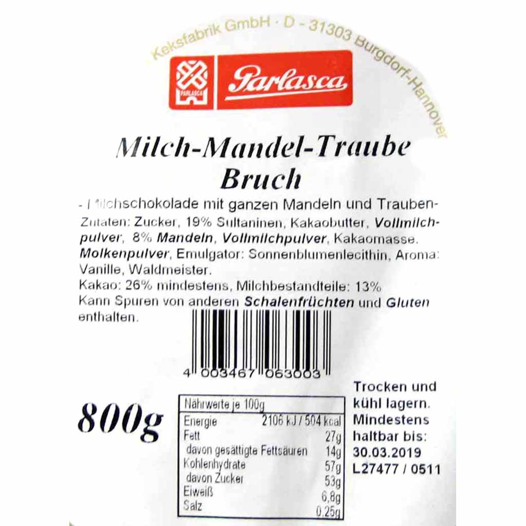 Parlasca Schokoladenbruch Mandel-Traube 800g Beutel