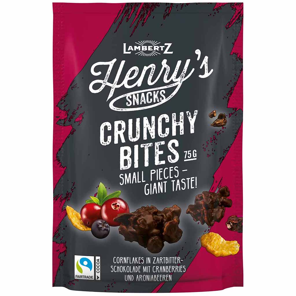 Lambertz Henrys Snacks Crunchy Bites Zartbitter Cranberries & Aroniabeeren 75g MHD:30.10.22
