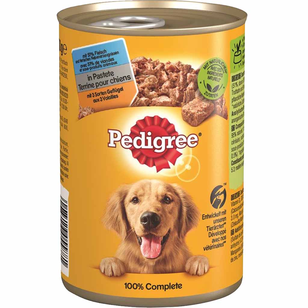 12x Pedigree Nassfutter Adult Huhn Truthahn Ente in Pastete á 400g=4800g MHD:3.1.25