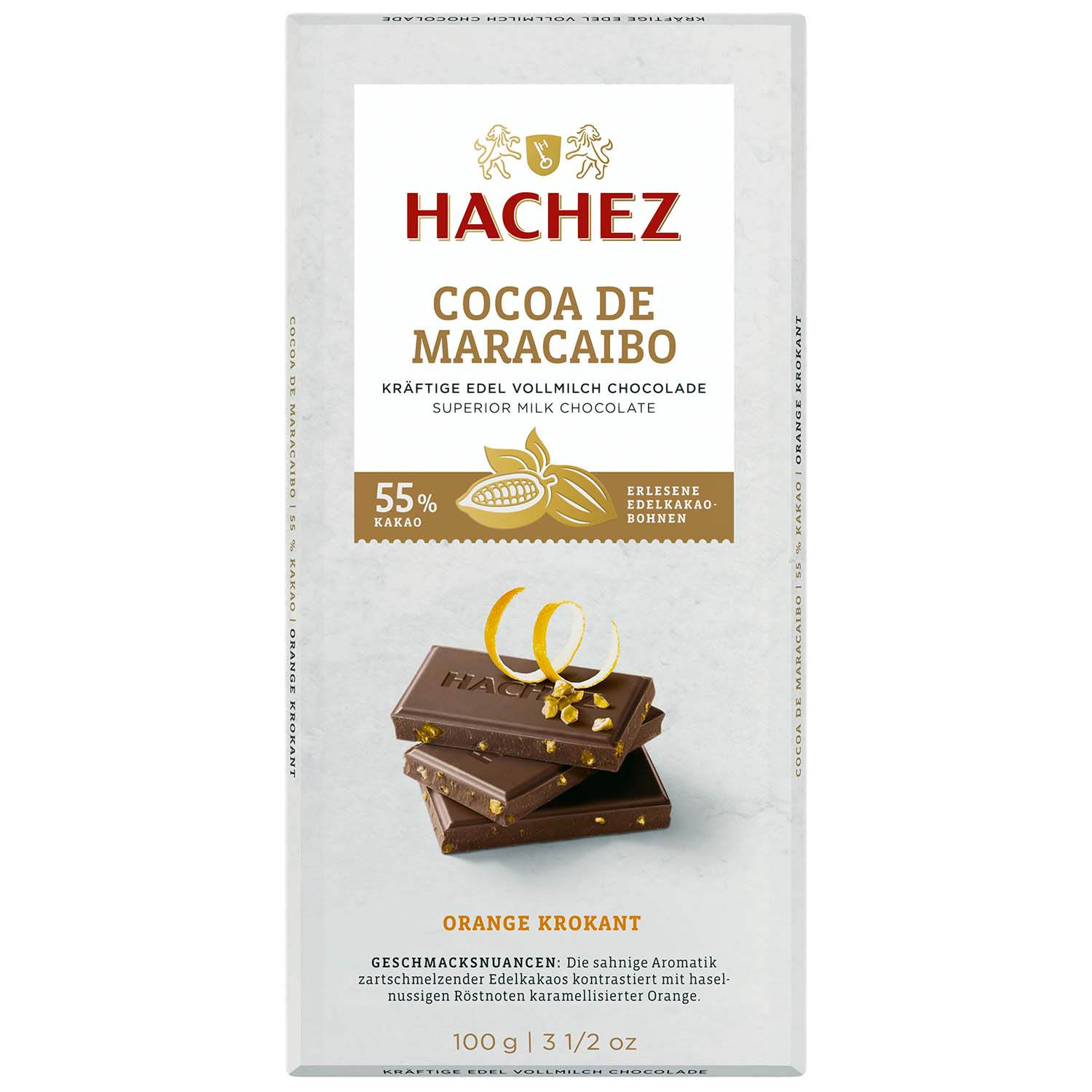 Hachez Tafelschokolade Cocoa de Maracaibo Orange Krokant 55% Kakao 100g MHD:1.5.24