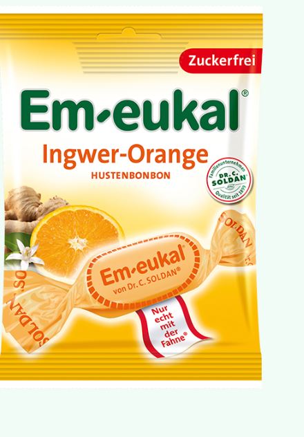 Em-eukal Ingwer-Orange Hustenbonbons Zuckerfrei GTIN4009077026018 Front