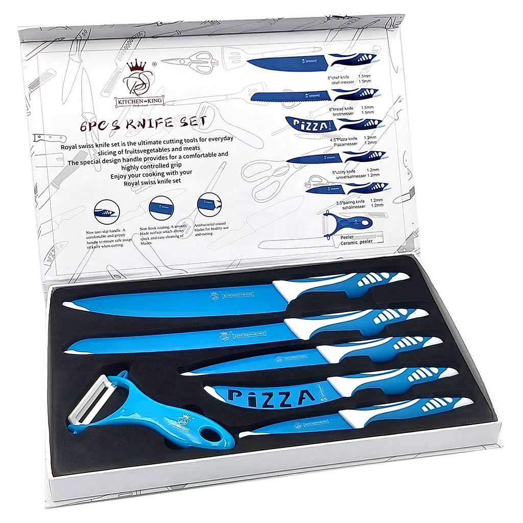 5 teiliges Messerset Premium Kitchen King plus Sparschäler gratis blau, weiss