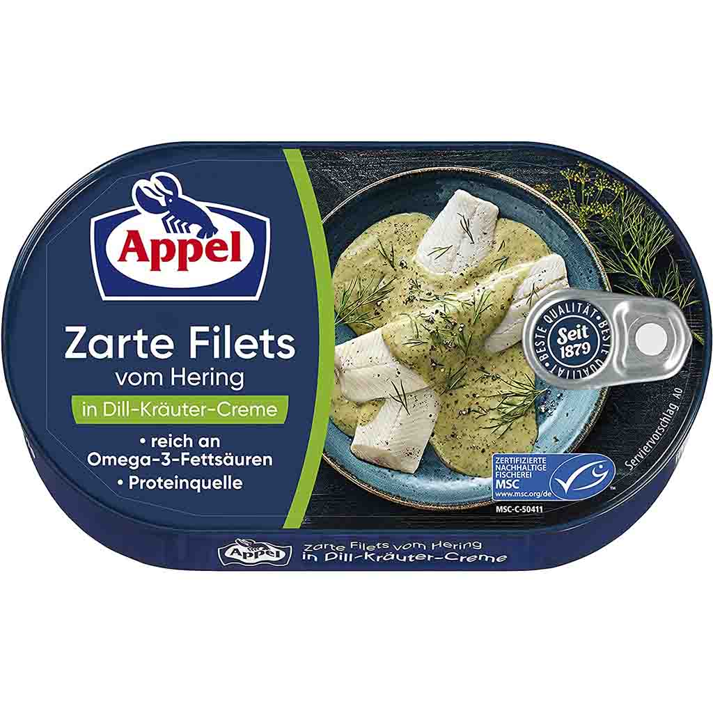 Appel zarte Filets vom Hering Dill Kräuter Creme 2-te Sortierung 200g MHD:28.8.25