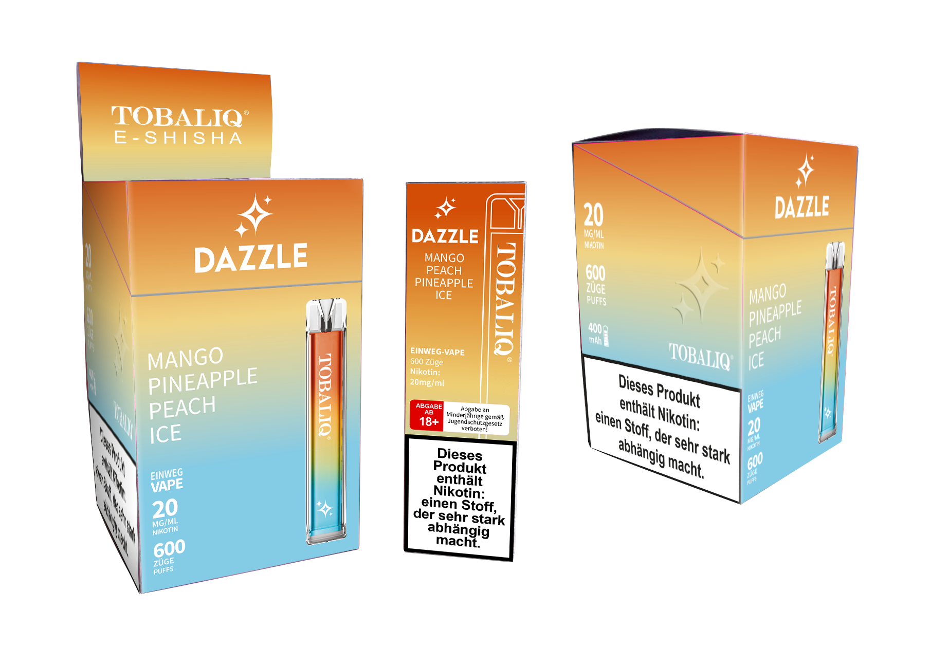 10 er Pack DAZZLE E-Shisha 600Puffs – 20mg Nikotin – MANGO PEACH PINEAPPLE ICE
