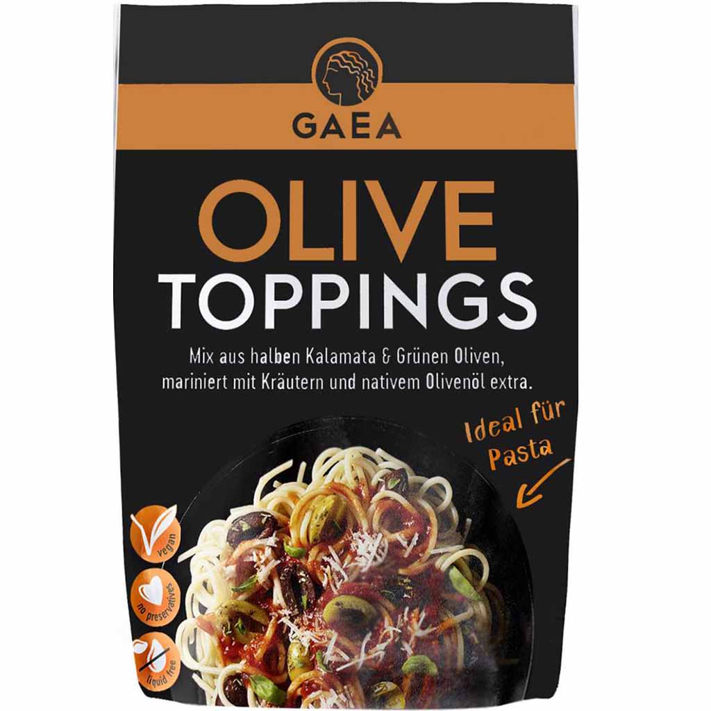 GAEA Olive Toppings Kalamata & grüne Oliven Mix 60g MHD:30.8.24