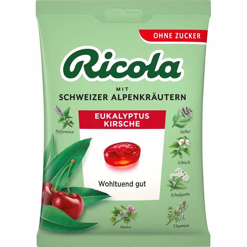 Ricola Eukalyptus Kirsche ohne Zucker 75g MHD:30.3.25