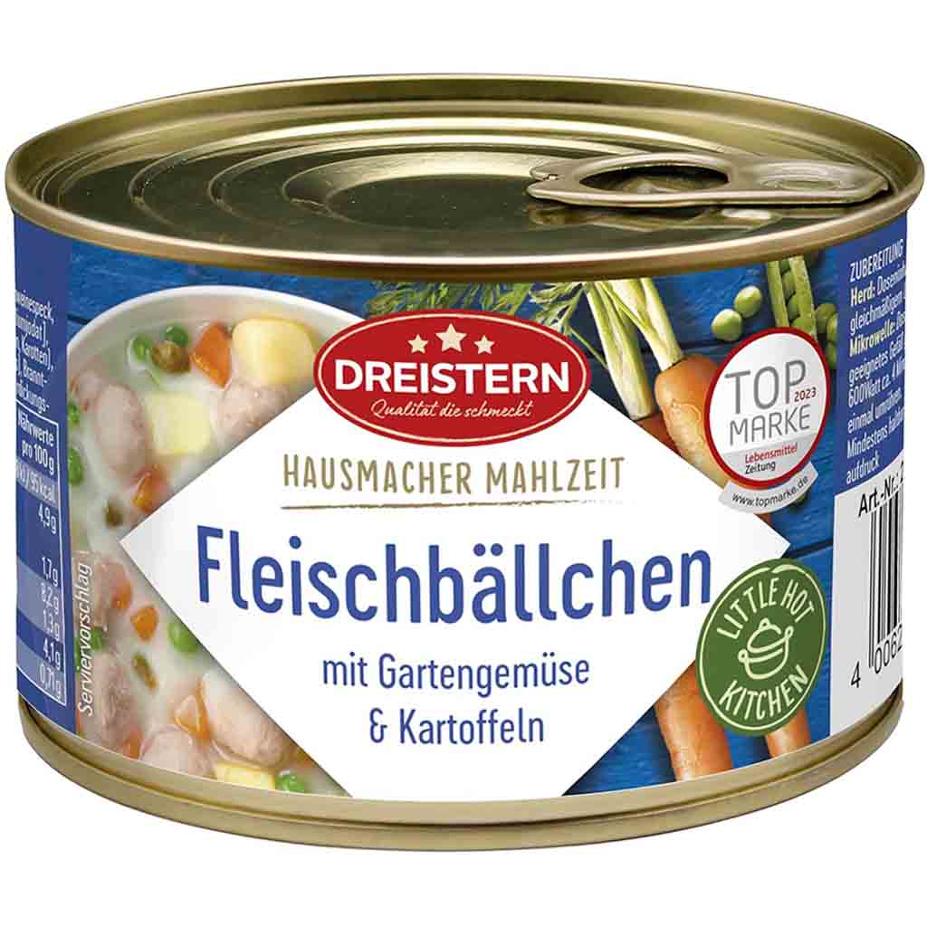 Dreistern Hausmacher Fleischbällchen mit Gartengemüse & Kartoffeln 400g MHD:26.2.27