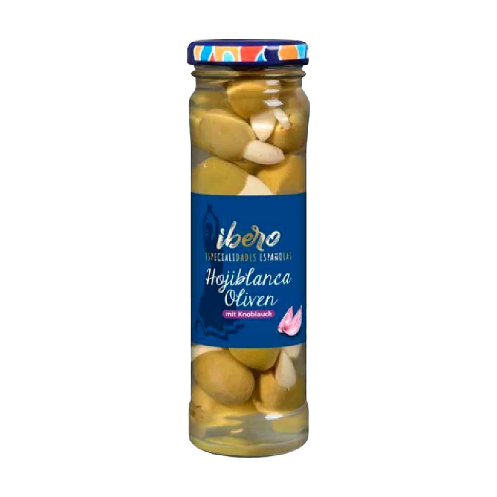 Ibero Grüne Hojiblanca Oliven mit Knoblauch 75g MHD:15.10.26