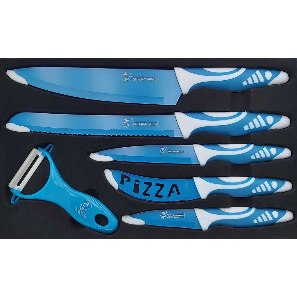 5 teiliges Messerset Premium Kitchen King plus Sparschäler gratis blau, weiss