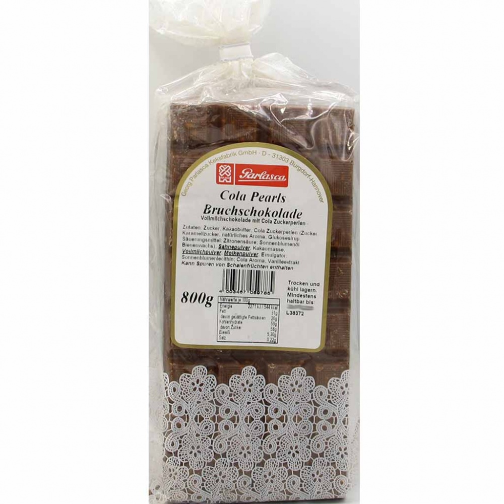 Parlasca Schokoladenbruch Milchschokolade mit Cola Pearls 800g MHD:3/20