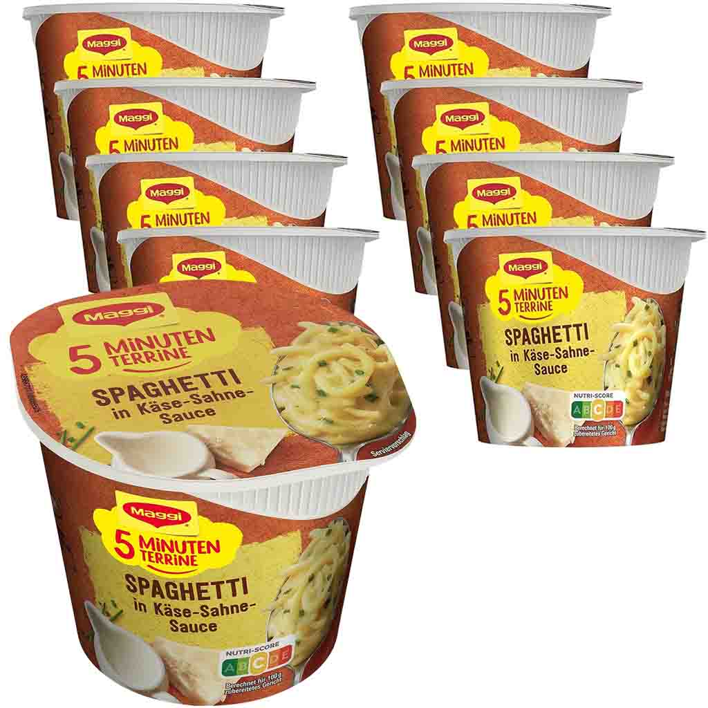 8x Maggi 5 Minuten Terrine Spaghetti in Käse Sahne Sauce á 62=496g MHD:28.2.25