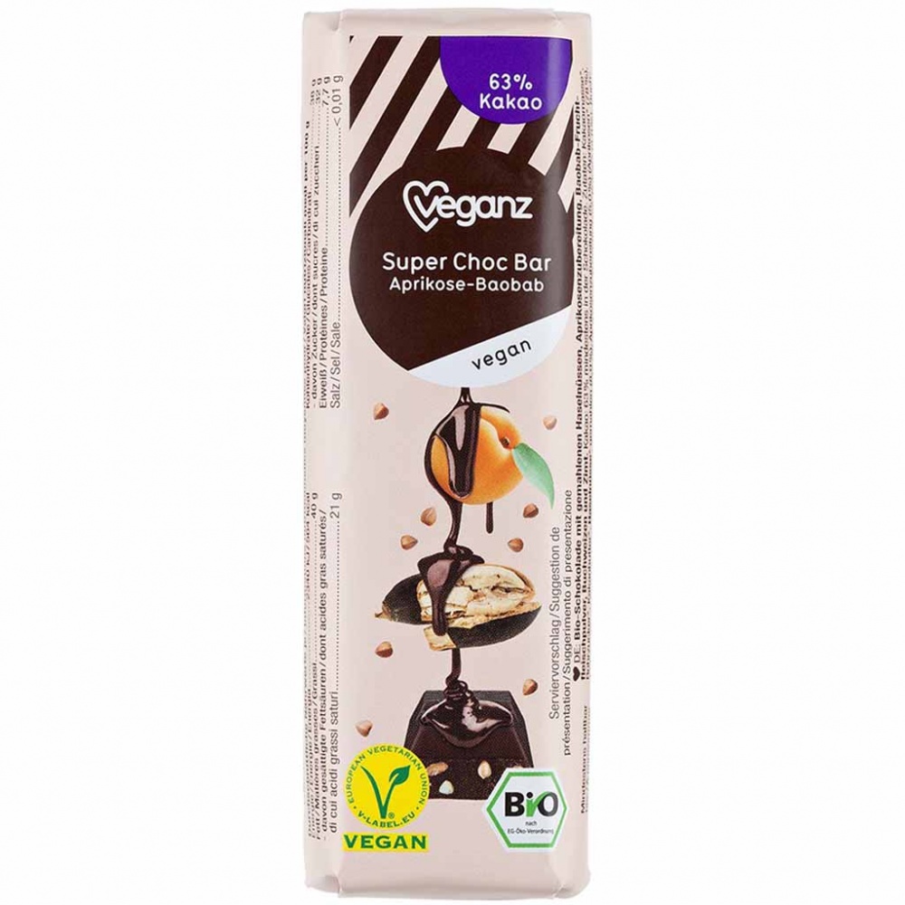 12x Veganz Super Choc Aprikose-Baobab Riegel á 40g=480g MHD:9/19