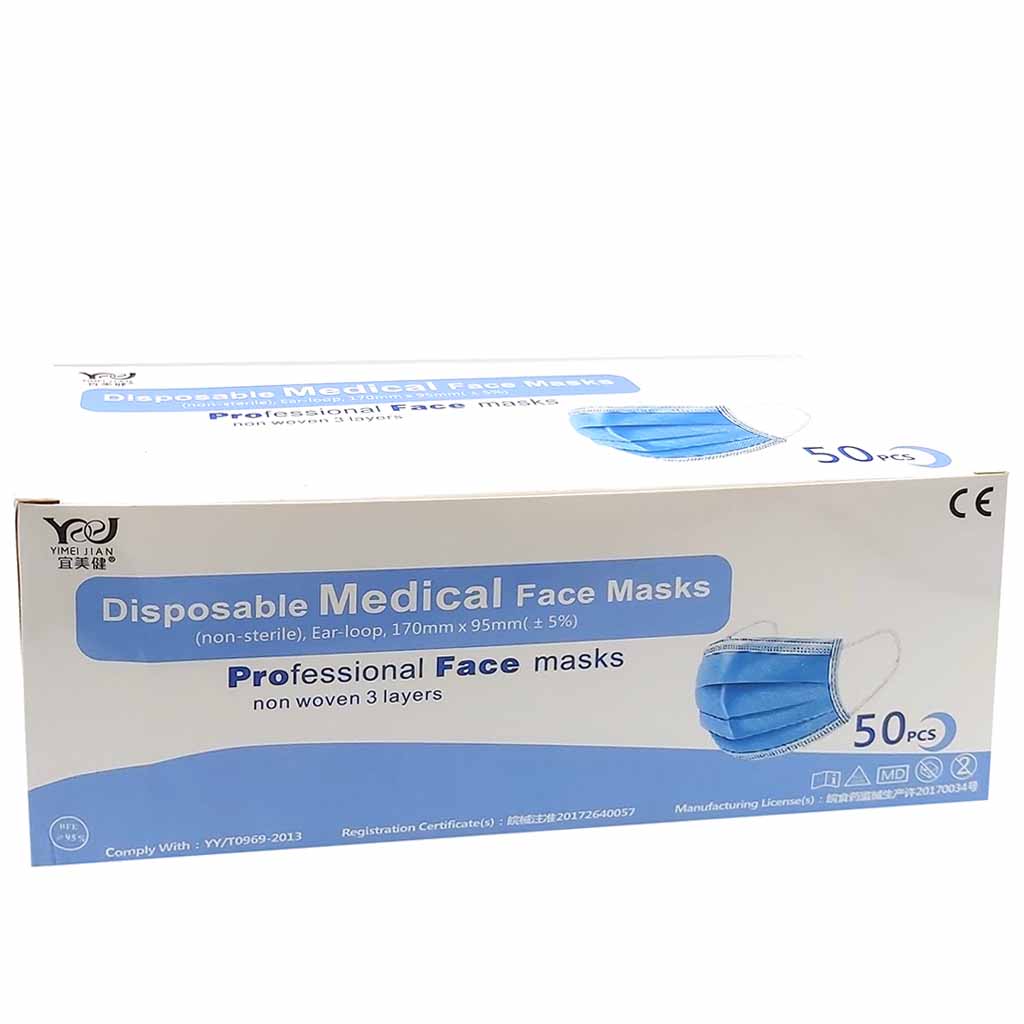 50x Mundschutz Masken 3-lagig, Vlies, Gummibänder, blau