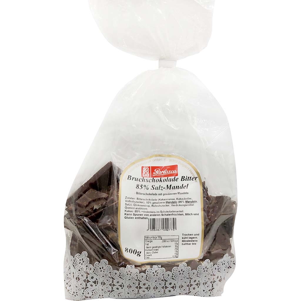 Parlasca Schokoladenbruch Bitterschokolade 85% Salz-Mandel 800g