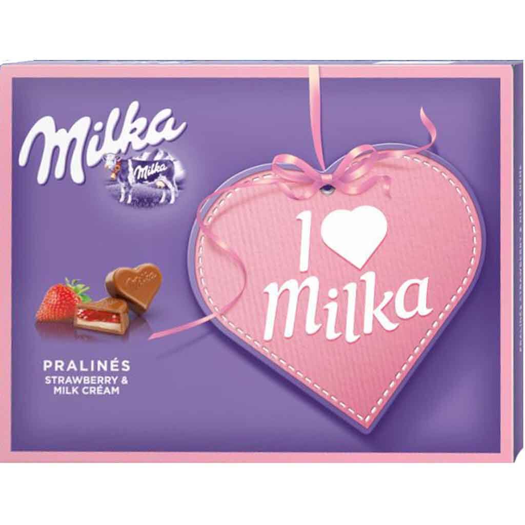 3x  Milka "I Love Milka" Pralinés Erdbeer-Crème á 120g=360g MHD:04/19