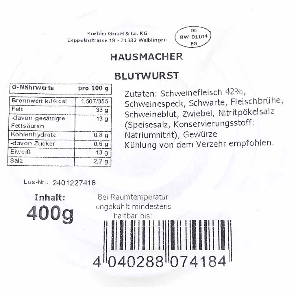 Metzger Kübler Hausmacher Blutwurst 400g