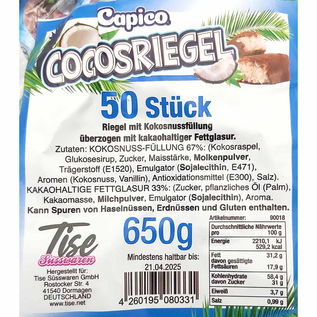Cocosriegel_50er_Pack_650g_-2 Capico Cocosriegel 50er Pack, 650g Riegel mit Kokosnussfüllung GTIN 4260195080331