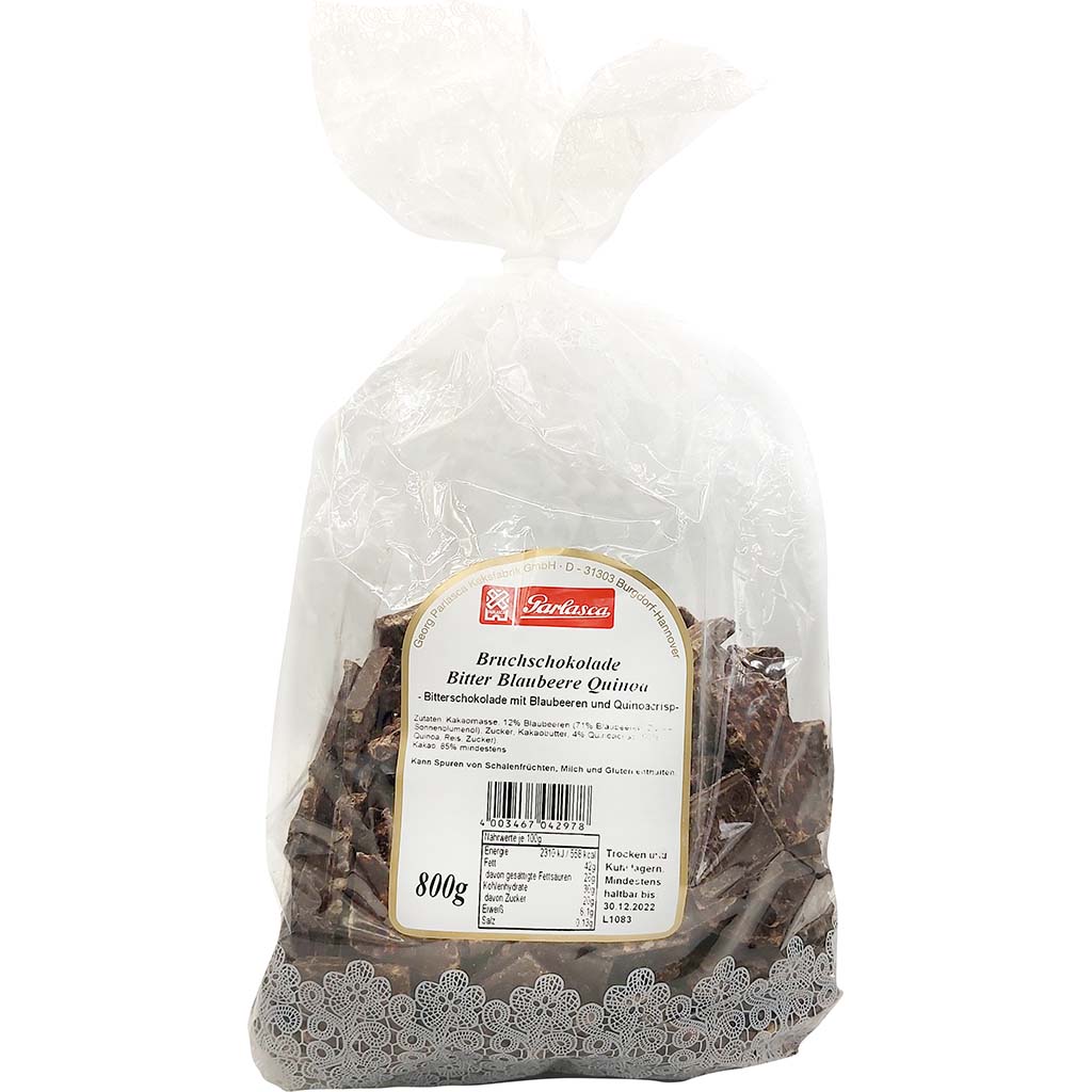 Parlasca Schokoladenbruch Bitterschokolade Blaubeere Quinoa 800g