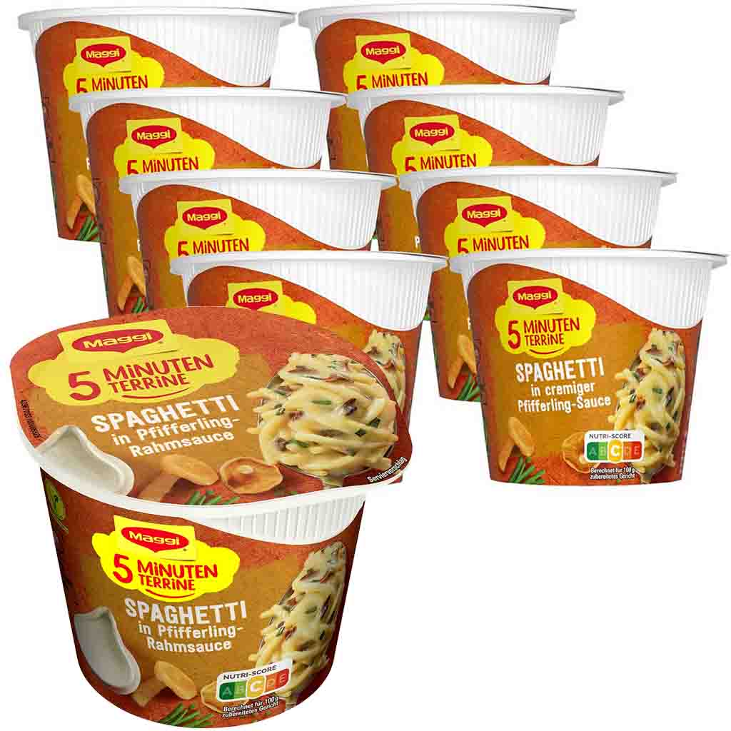 8x Maggi 5 Minuten Terrine Spaghetti in Pfifferling Rahm Sauce á 54=432g MHD:30.11.24