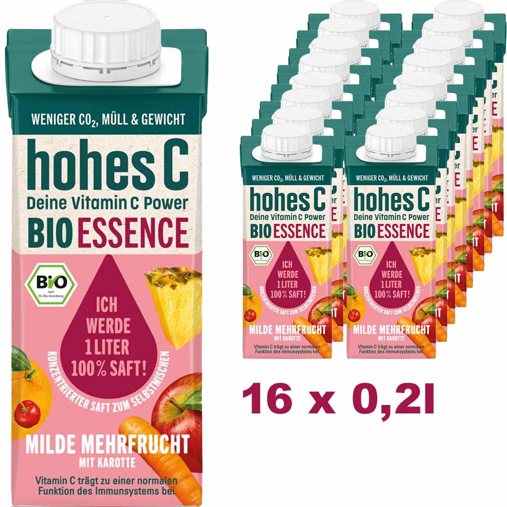 16x Hohes C BIO Essence, Milde Mehrfrucht mit Karotte, 16x0,2l Konzentrierter Saft 4048517718939 + 4048517718922