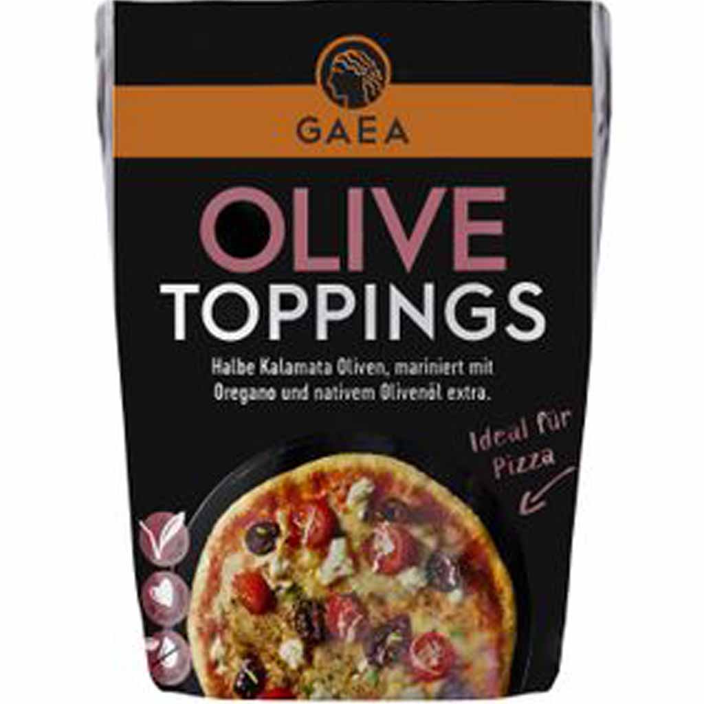 GAEA Olive Toppings halbe Kalamata Oliven mariniert 60g MHD:16.1.25