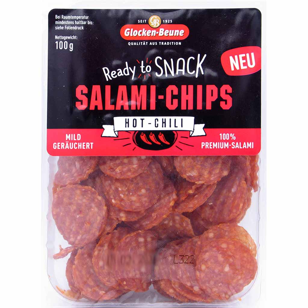 Glocken-Beune Salami-Chips Hot-Chili mild geräuchert 100g MHD:10.10.24