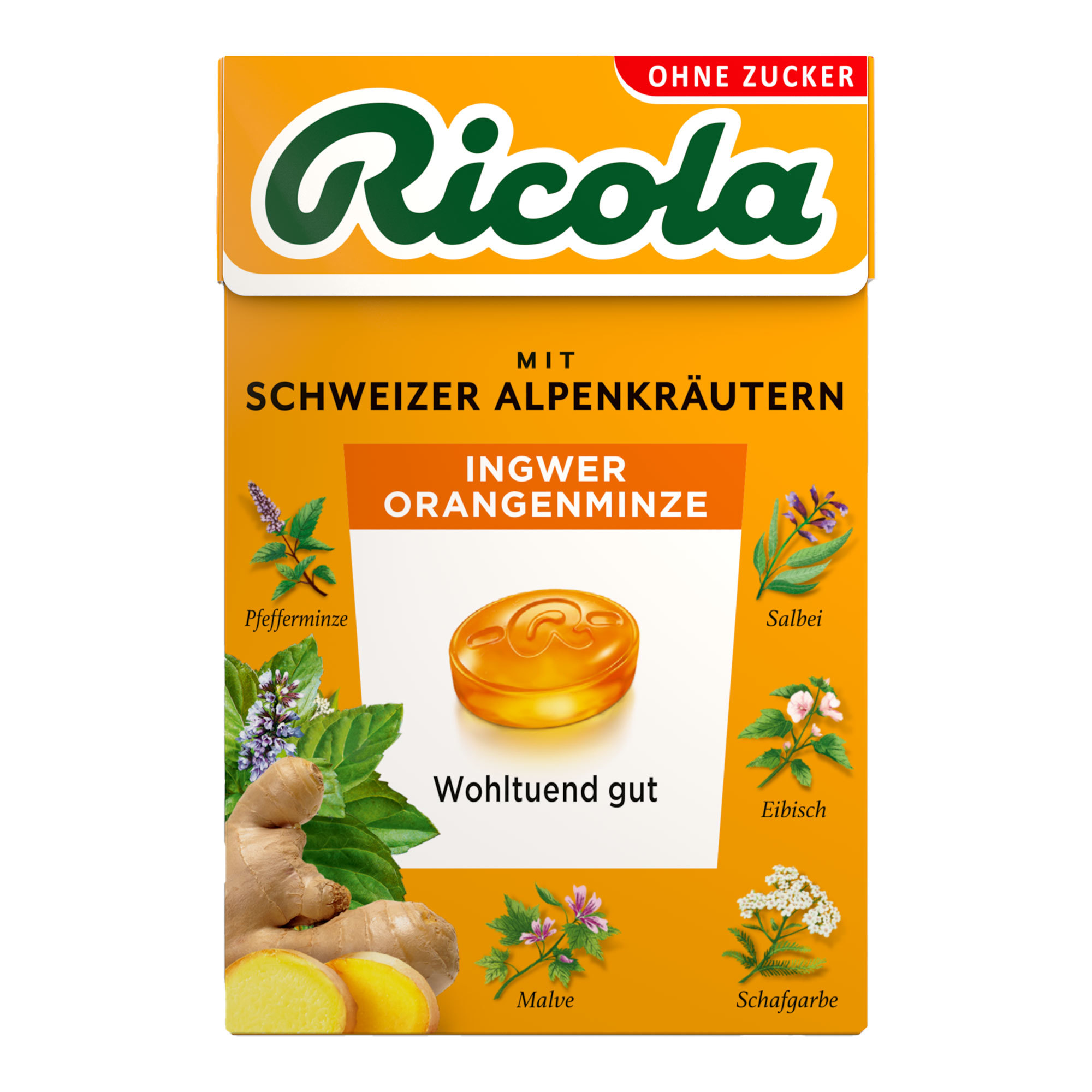 Ricola  Ingwer Orangenminze Alpen Bonbon  10 x 50g MHD:14.6.25