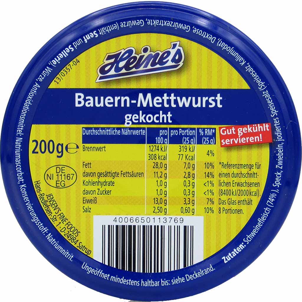 1kg Heines Bauern Mettwurst gekocht im Glas (5x200g) MHD:31.10.21