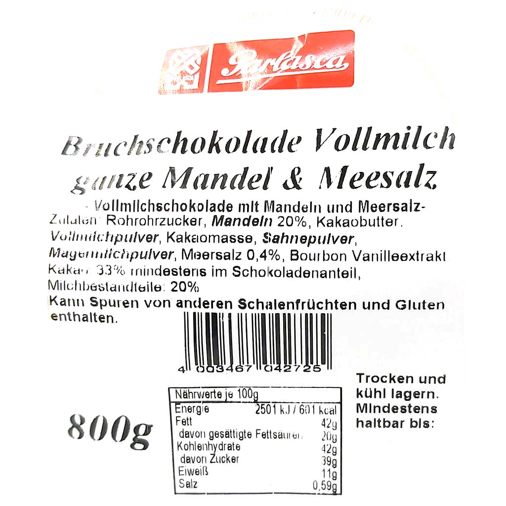 Parlasca Bruchschokolade Vollmilch ganze Mandel und Meersalz 800g Label