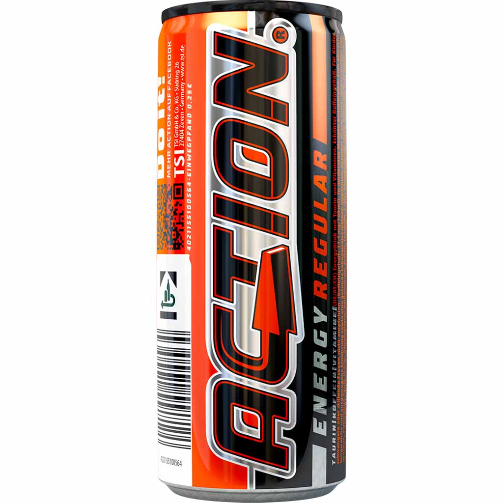 24x Action Energy Drink Regular DOSE á 250ml=6L MHD:25.5.26