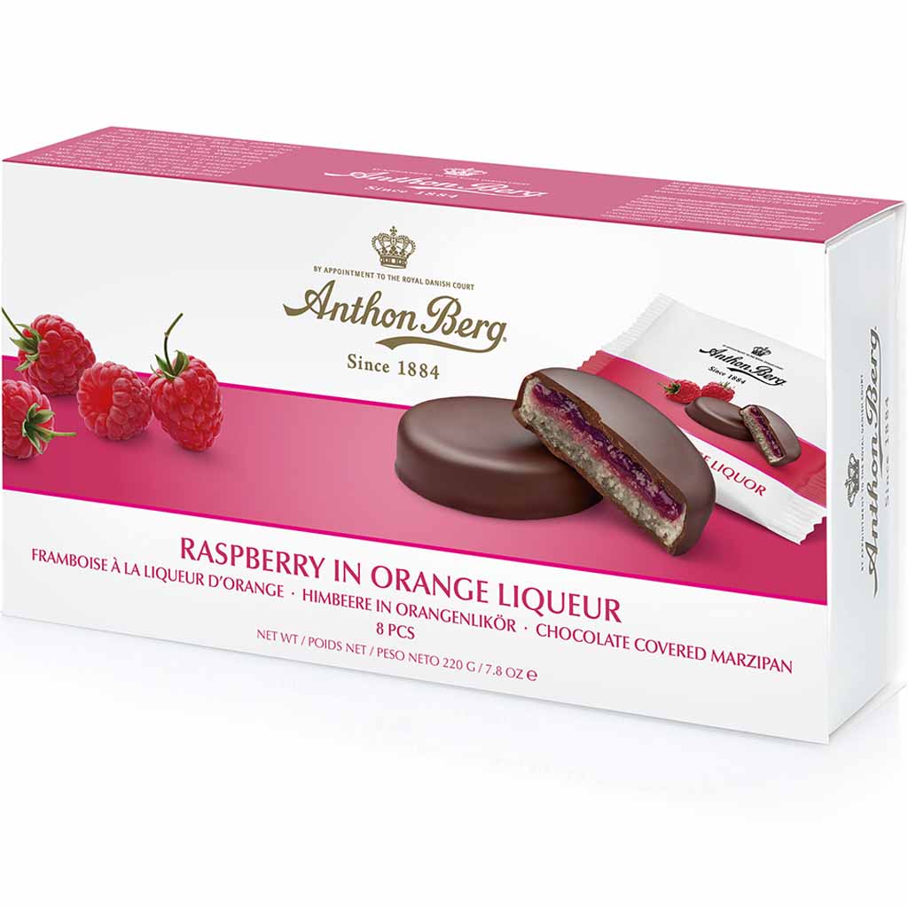 Anthon Berg schokoliertes Marzipan Raspberry in Orange Liqueur 220g MHD:11.8.25