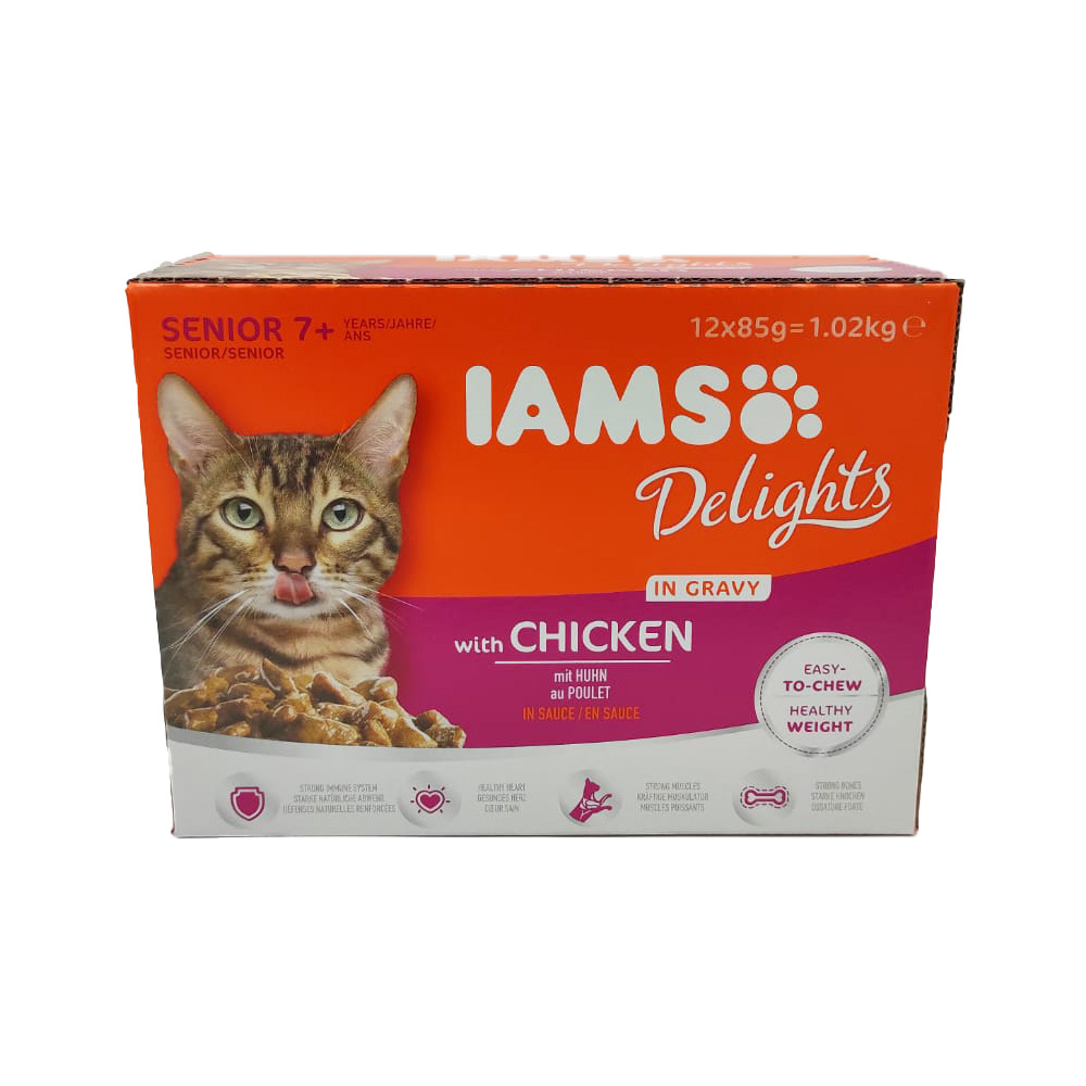 12x IAMS Delights Katzenfutter mit Huhn in Sauce á 85g = 1020g MHD:24.8.21