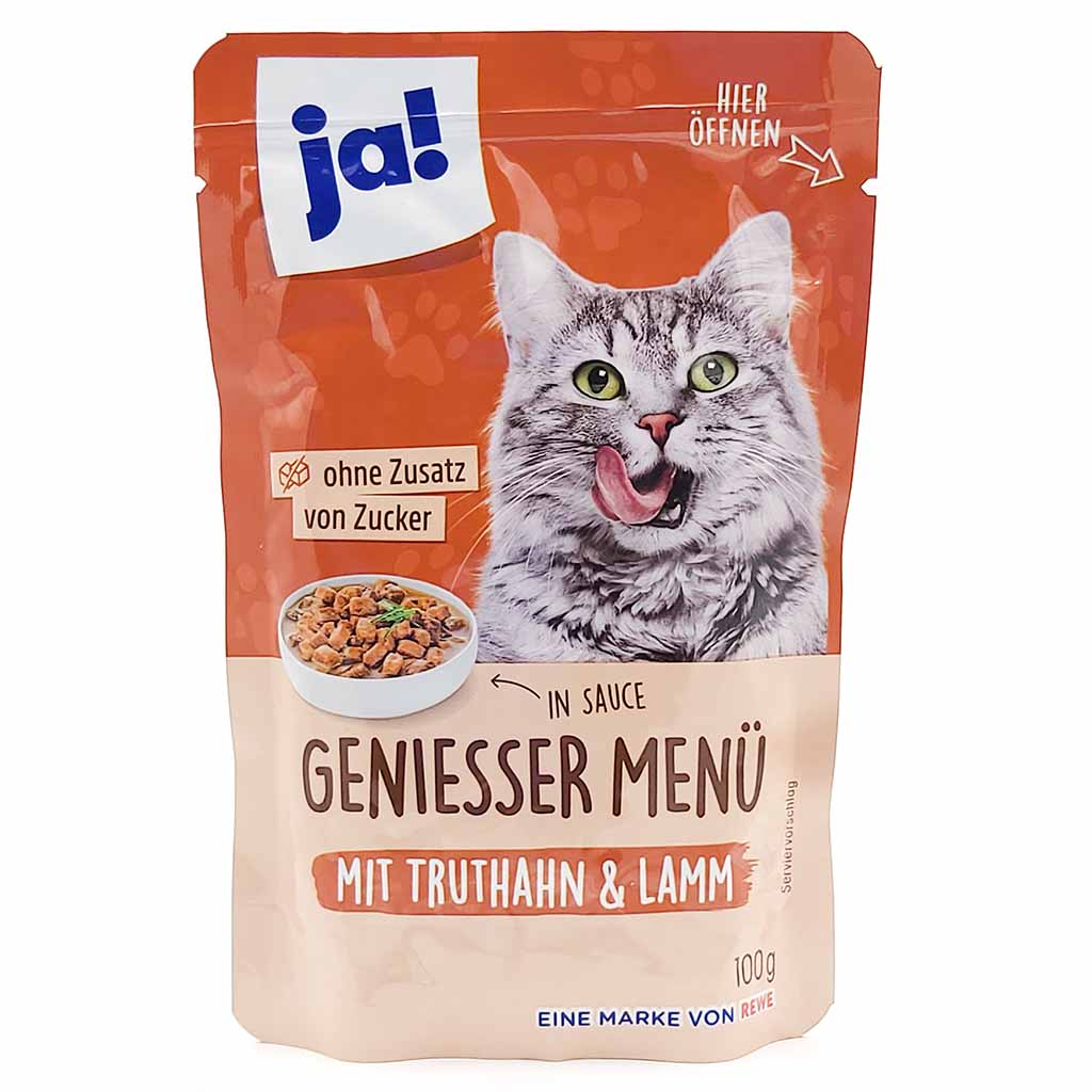 22x Ja! Katzenfutter Genießer Menü mit Truthahn & Lamm 100g in Sauce 4337256567190