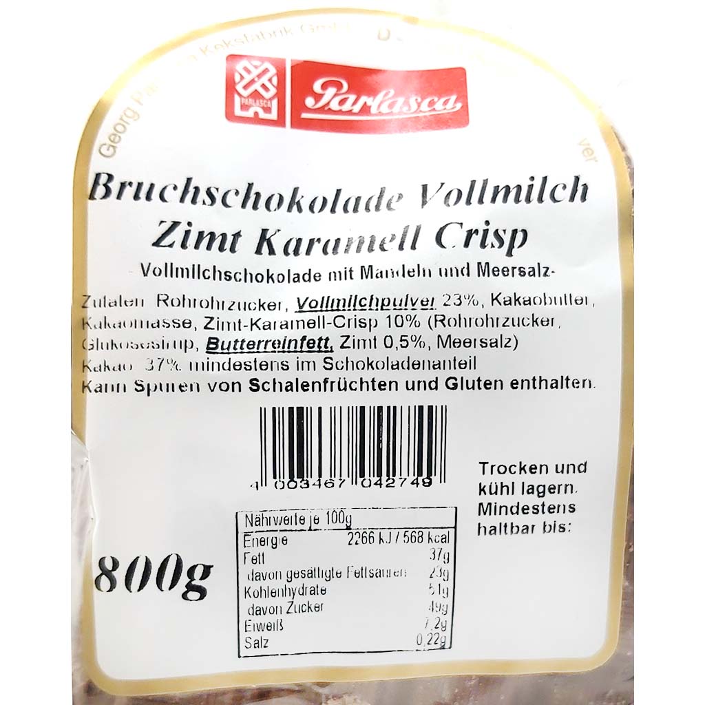 Parlasca Schokoladenbruch Vollmilch Zimt Karamell Crisp 800g Label