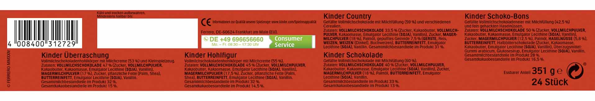 kinder Maxi Mix Santa Adventskalender 351g, 4008400312729, Zutaten