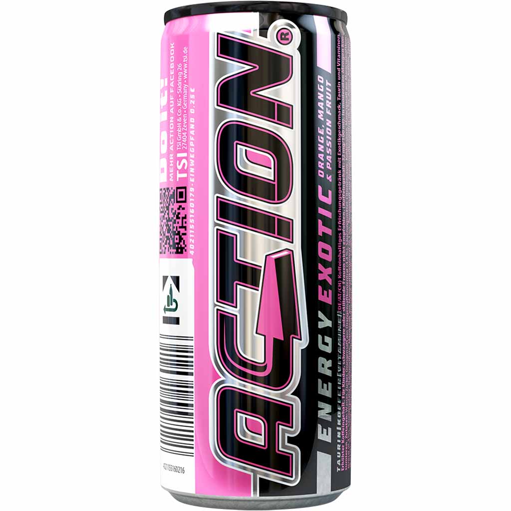 24x Action Energy Drink Exotic DOSE á 250ml=6L MHD:13.3.26