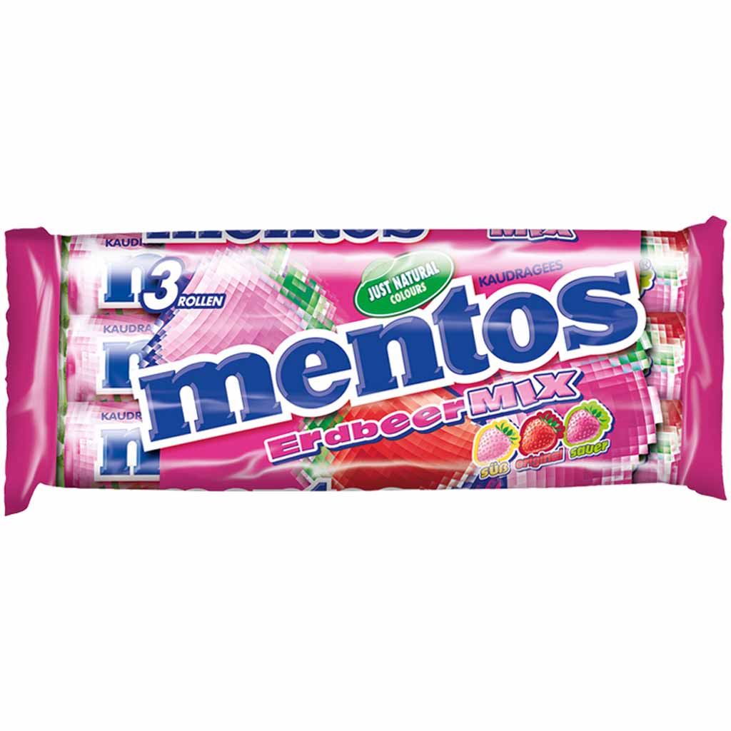 Mentos Kaubonbons Erdbeer-Mix (3x37,5g) 112,5g MHD:30.9.26
