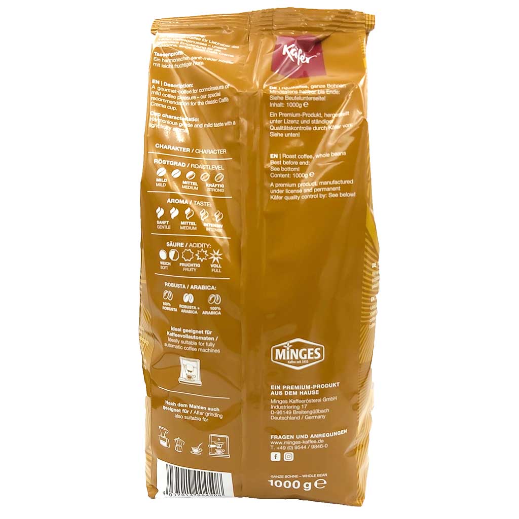 Käfer Caffe Crema Lungo sanft mild harmonisch ganze Bohnen 1000g back