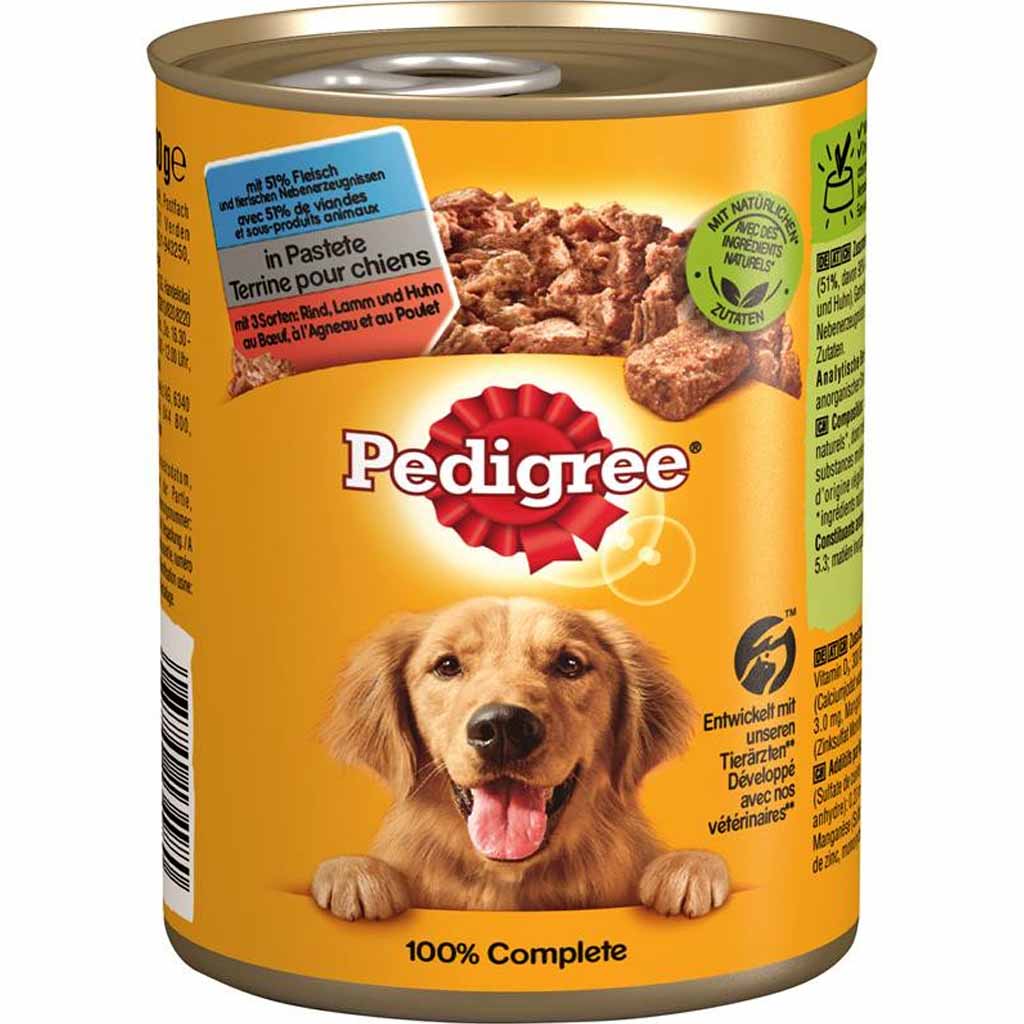 12x Pedigree Nassfutter Adult Rind Lamm Huhn in Pastete á 400g=4800g MHD:15.12.24