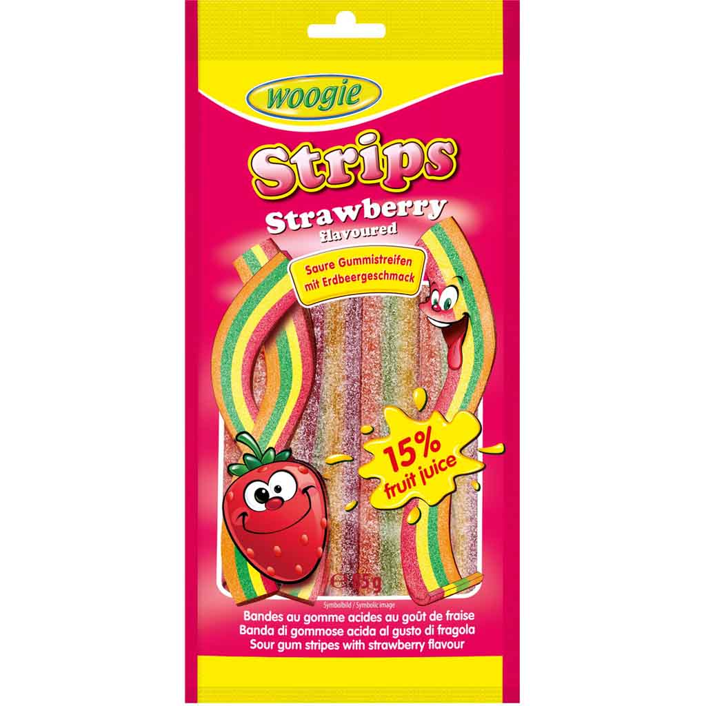 Woogie Sour Strawberry Strips 85g MHD:27.7.23