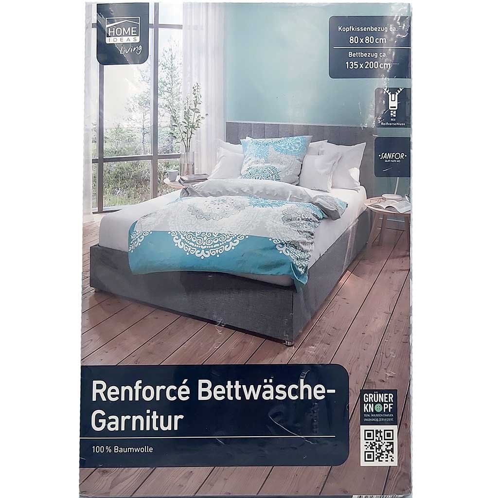 Bettwäsche Garnitur 135cm x 200 Decke 80cm x 80cm Kissen Renforce türkis grau Mandala Motiv