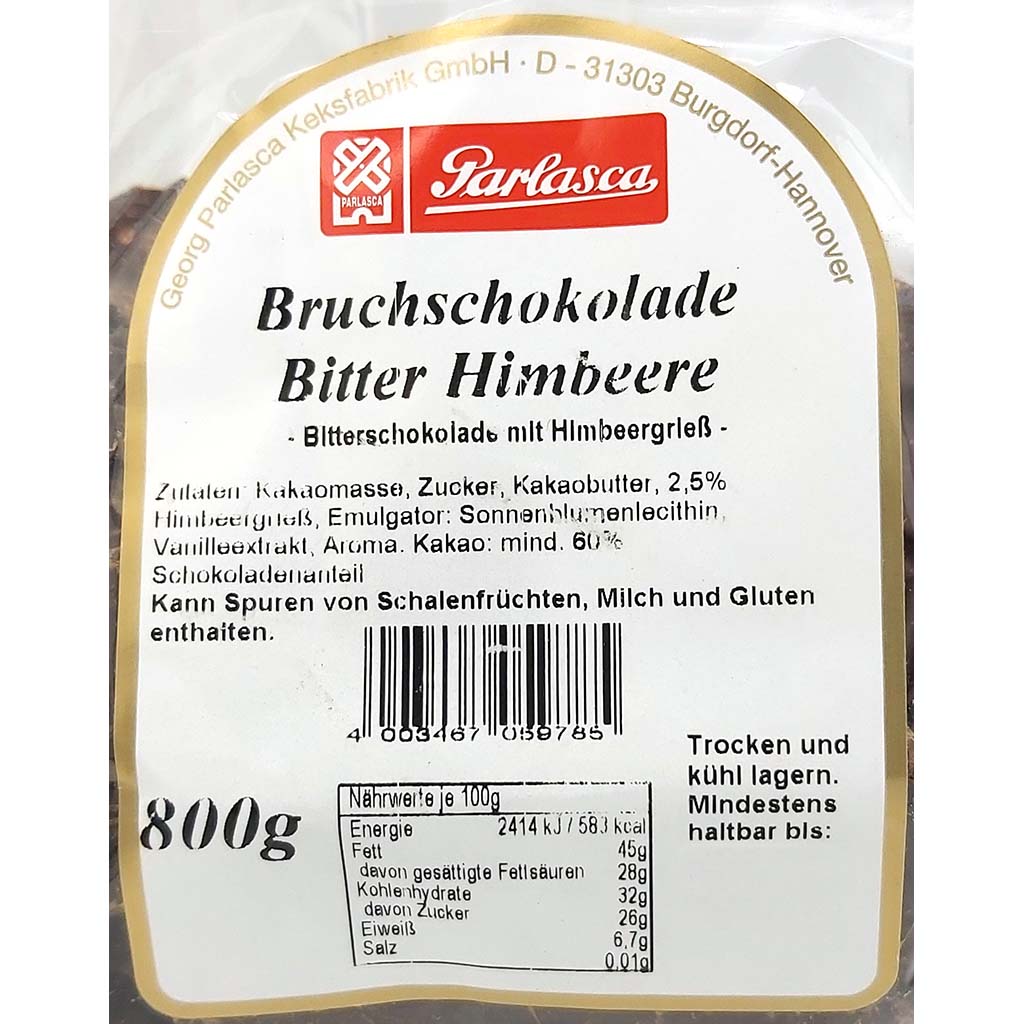 Parlasca Schokoladenbruch Bitter Himbeere 800g Label