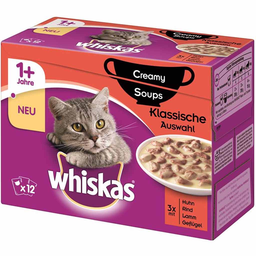 Whiskas 1+ Creamy Soups Klassische Auswahl 12x85g=1,02kg MHD:27.6.23